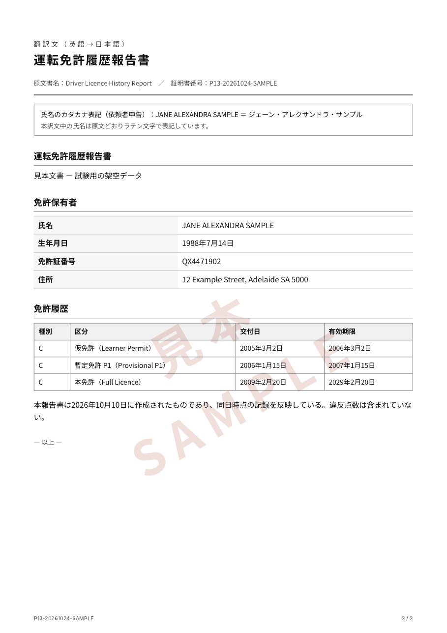 Sample: a Japanese translation and its certificate of translation